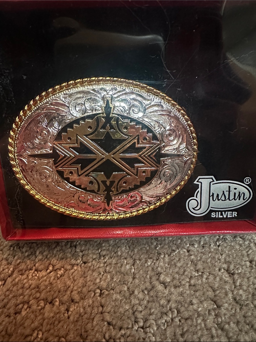 Justin Boots Silver and Gold Western Oval Belt Buckle NWT